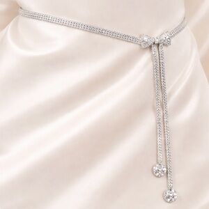Elegant Silver Tone Rhinestone Bow Dangle Belt
